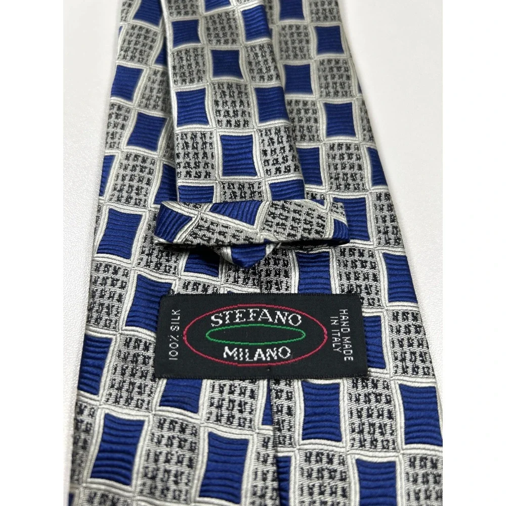 Stefano Milano Mens Silk Tie Blue Silver Geometric Square Pattern Handmade Italy